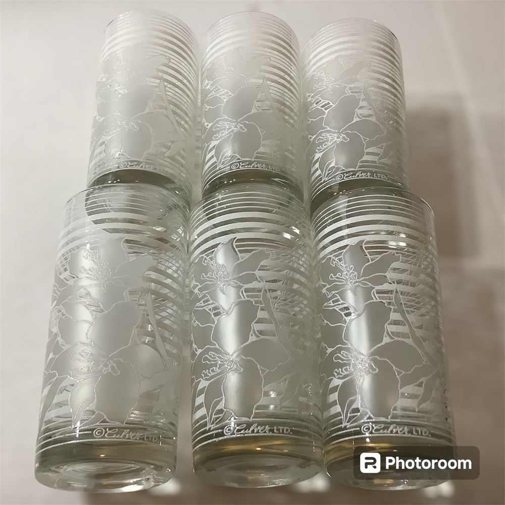 Vintage 60’s Set Of 6 Signed Culver LTD White Orchid Flower 12oz DrinkingGlasses